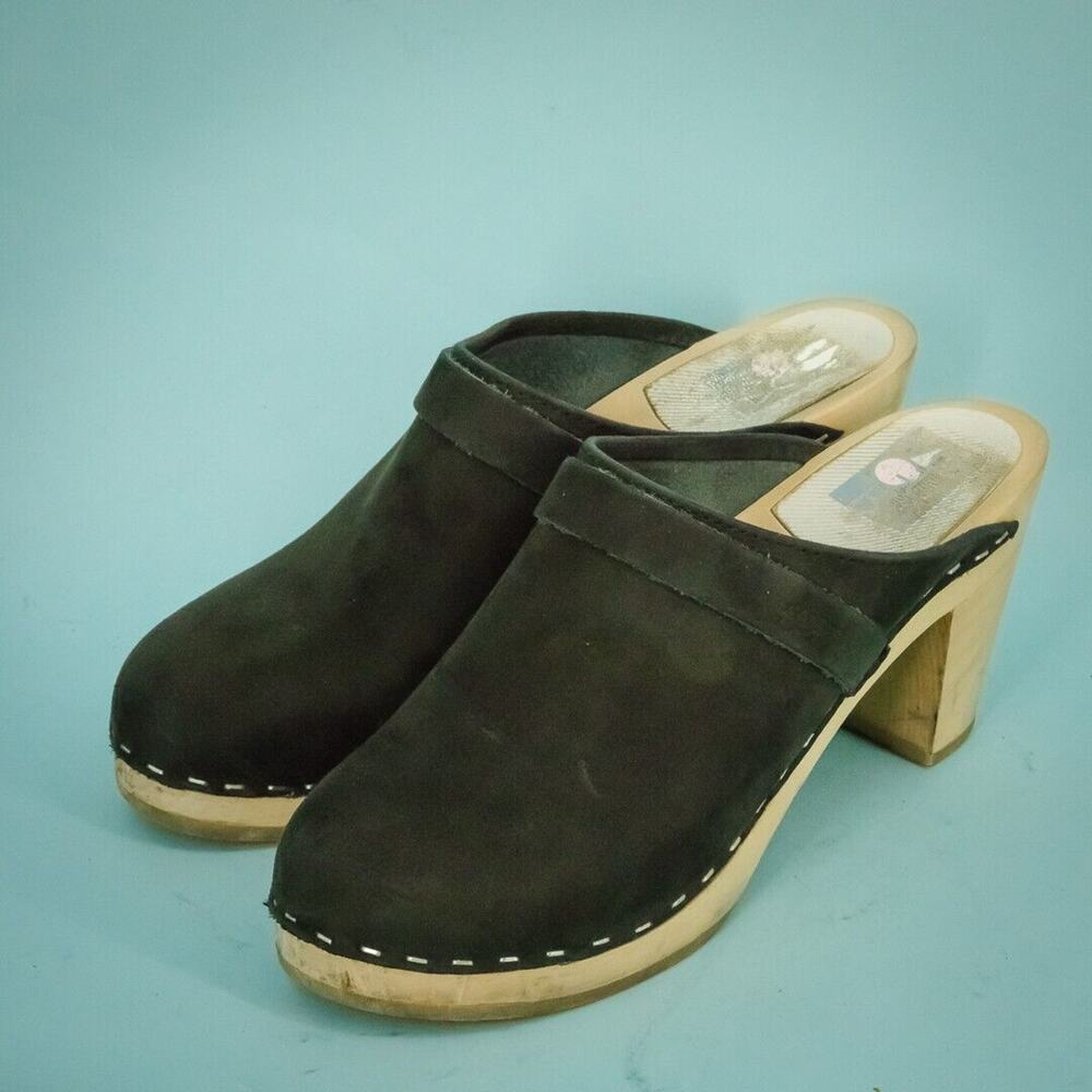 Maguba 39 Size 9 Berkely Black Nubuck Leather Wood Sole Scandinavian Clogs Shoes